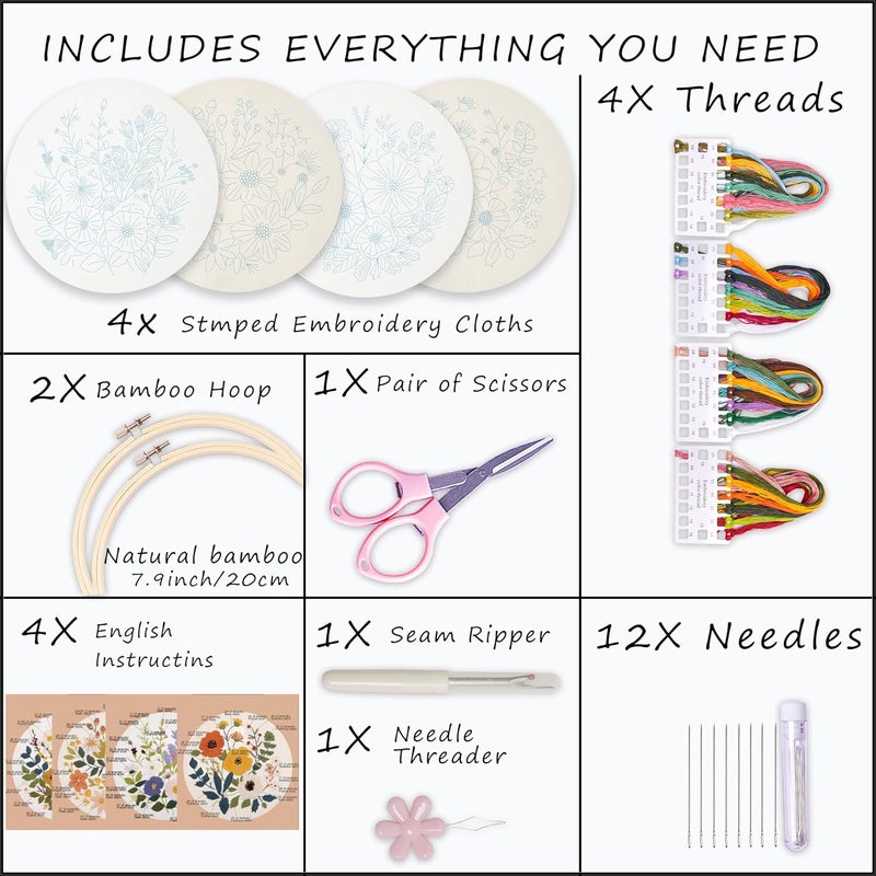 Bonroy Embroidery Kit for Beginners with Instructions,Cross Stitch Kits for Adults with Pattern,Needlepoint Kits for Adult Include Embroidery Cloth Hoops Needles Threads (flowers2) - Image 3